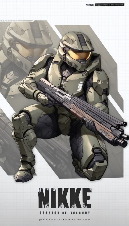 masterpiece, best quality, newest, absurdres, highres, NikkeProfile, full body, checkered background, zoom layer, copyright name, character name, english text, logo, on one knee, looking to the side, holding weapon, holding shotgun, <lora:NikkeProfile_illusXLNoobAI_Incrs_v2:1>, white background, 1boy, <lora:masterchief-halo-richy-v1_ixl:1> masterchief, helmet, visor, power armor