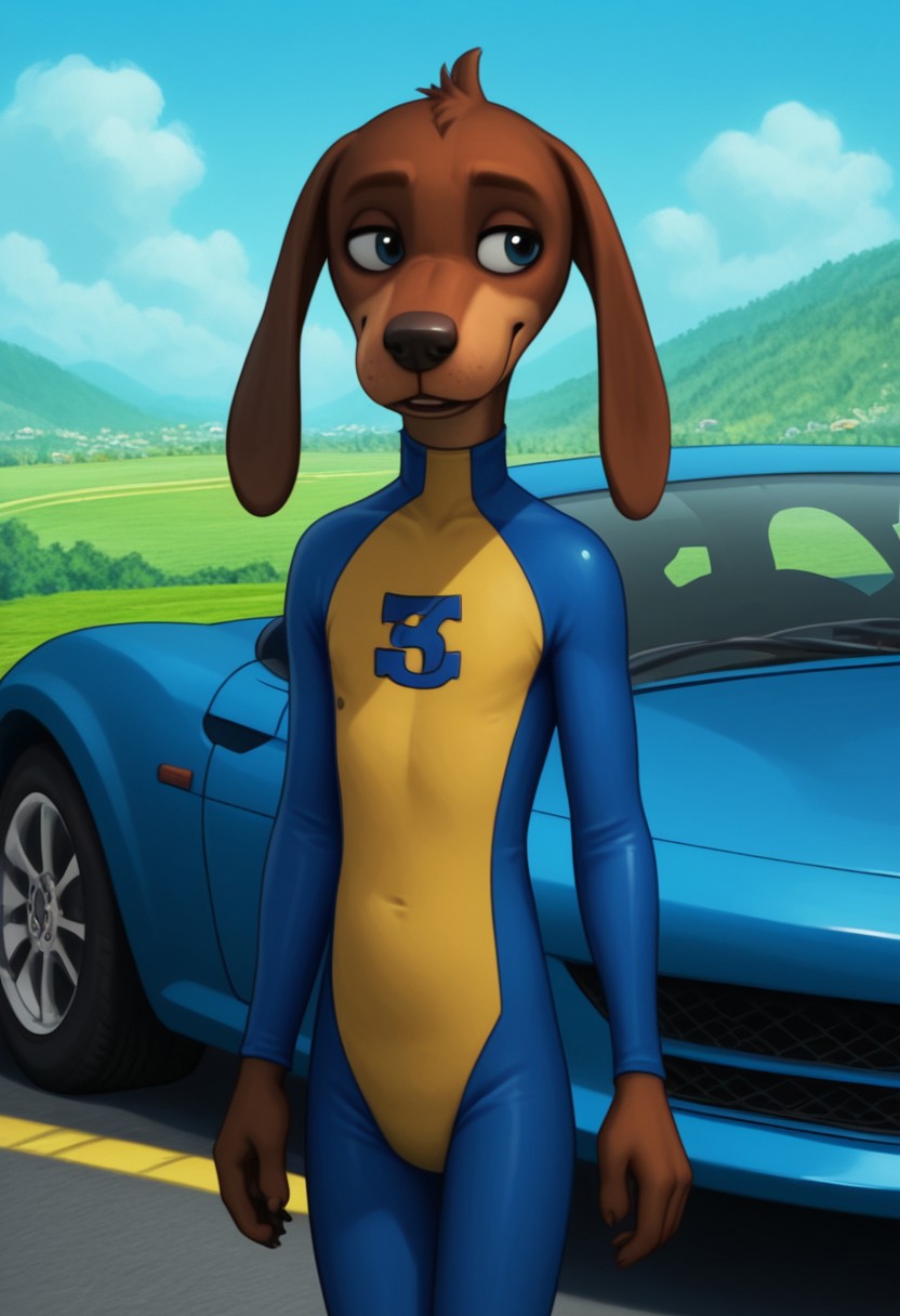 score_9, score_8_up, score_7_up, score_6_up, score_5_up, score_4_up, source_furry
anthro, ((1boy, solo)), brown fur, dog, long floppy ears, dachshund, strut, bodysuit, slim body
BREAK
detailed background, raceway pitstop scenery, leaning against blue car
