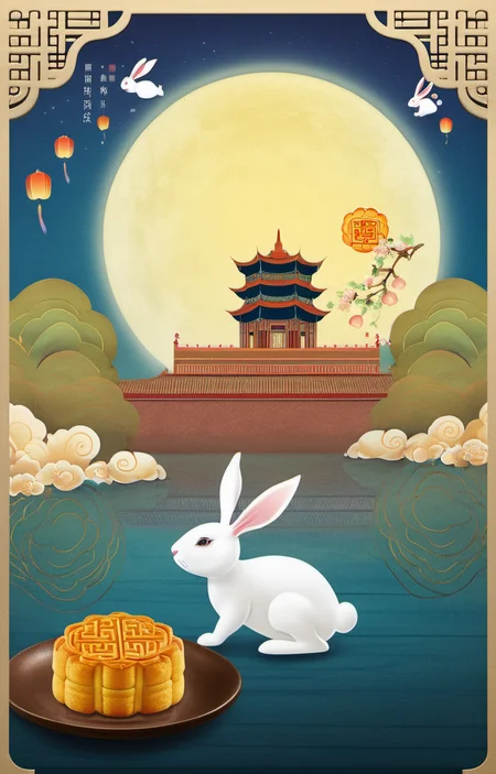 surrealist art masterpiece,best quality,<lora:zqhb-000009:0.8>,scenery,bunny,east_asian_architecture,full_moon,poster design,night_sky,border,say,put the mooncakes on the plate, . dreamlike, mysterious, provocative, symbolic, intricate, detailed