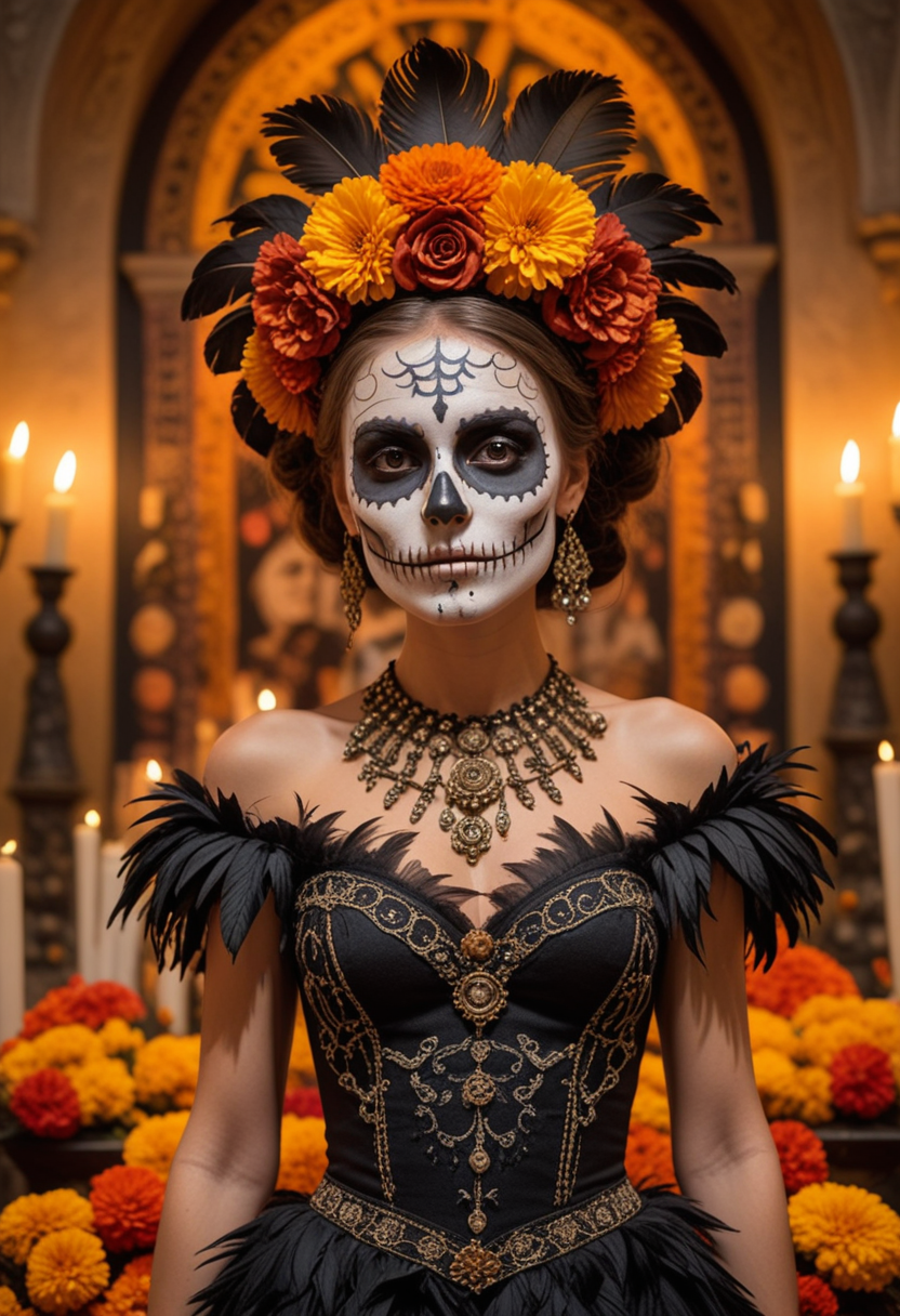 (medium full shot) of (skeleton bride) young woman, wearing a midnight black skull patterned dress with bold details, painted skeleton face, feathered headpiece, set at Dia de Muertos, in  a grand altar, showcasing elaborate decorations, rich marigold displays, abundant offerings, cultural artifacts, and a reverent atmosphere, during sunset, woman smiling, Masterpiece,best quality, photo, realistic, very aesthetic, detailed face,