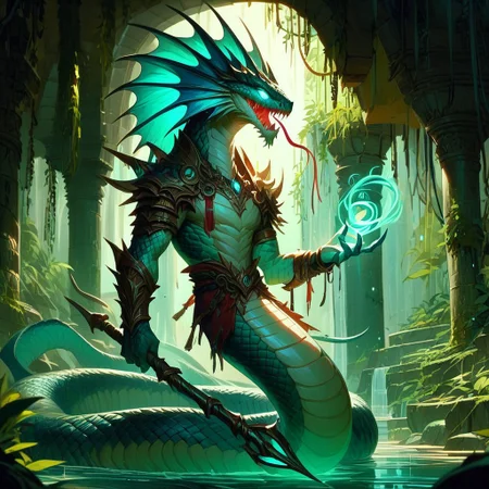 score_9, score_8_up, score_7_up, naga, holding a glowing trident in a grotto