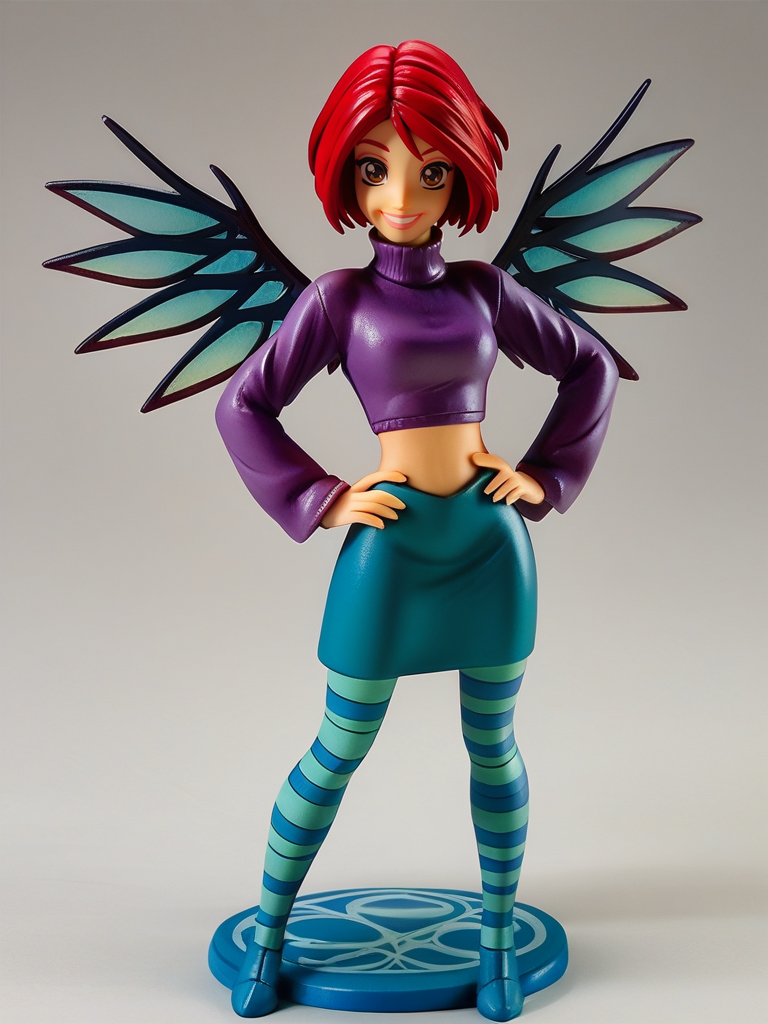 score_9, score_8_up, score_7_up, 1girl, looking at viewer, full body, dynamic pose, cute, solo, dutch angle, simple background, smile, :D, detailed background, hand on hips, wide shot, 
 <lora:WillVandom_character:0.8> WillVandom, red hair, short hair, brown eyes, wings, striped pantyhose, midriff, green skirt, long sleeves, purple top, turtleneck,  <lora:Anime_Figure_P1:1> figure,,