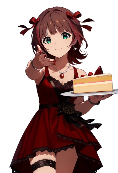score_9, score_8_up, score_7_up, source_anime,
standing, throwing at viewer, cake throw, cowboy shot, white background,
ammhrk, short hair, medium hair, brown hair, bangs, (red hair ribbon:1.2), green eyes, medium breasts,
idol costume, red dress, lace trim, luxury, thighs, lace thigh strap, earrings, necklace, bracelet, nail polish, detailed eyes, eye refraction, smile