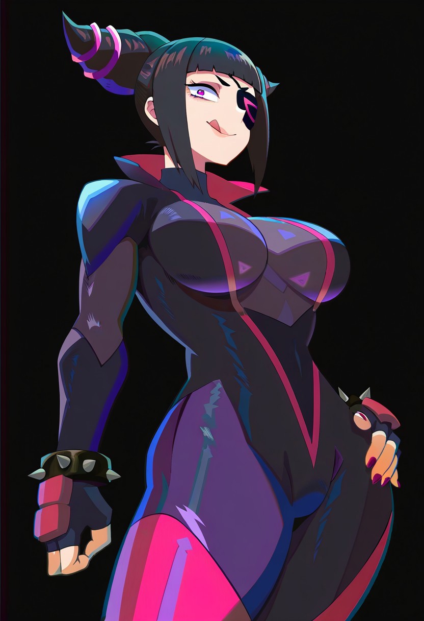 masterpiece,best quality,amazing quality, newest, absurdres, highres, Kiding_Ryuu, KDSTL, 1girl, solo, breasts, looking at viewer, smile, open mouth, bangs, large breasts, simple background, black hair, gloves, purple eyes, tongue, tongue out, fingerless gloves, nail polish, bodysuit, eyepatch, black background, purple bodysuit, hair horns, han juri