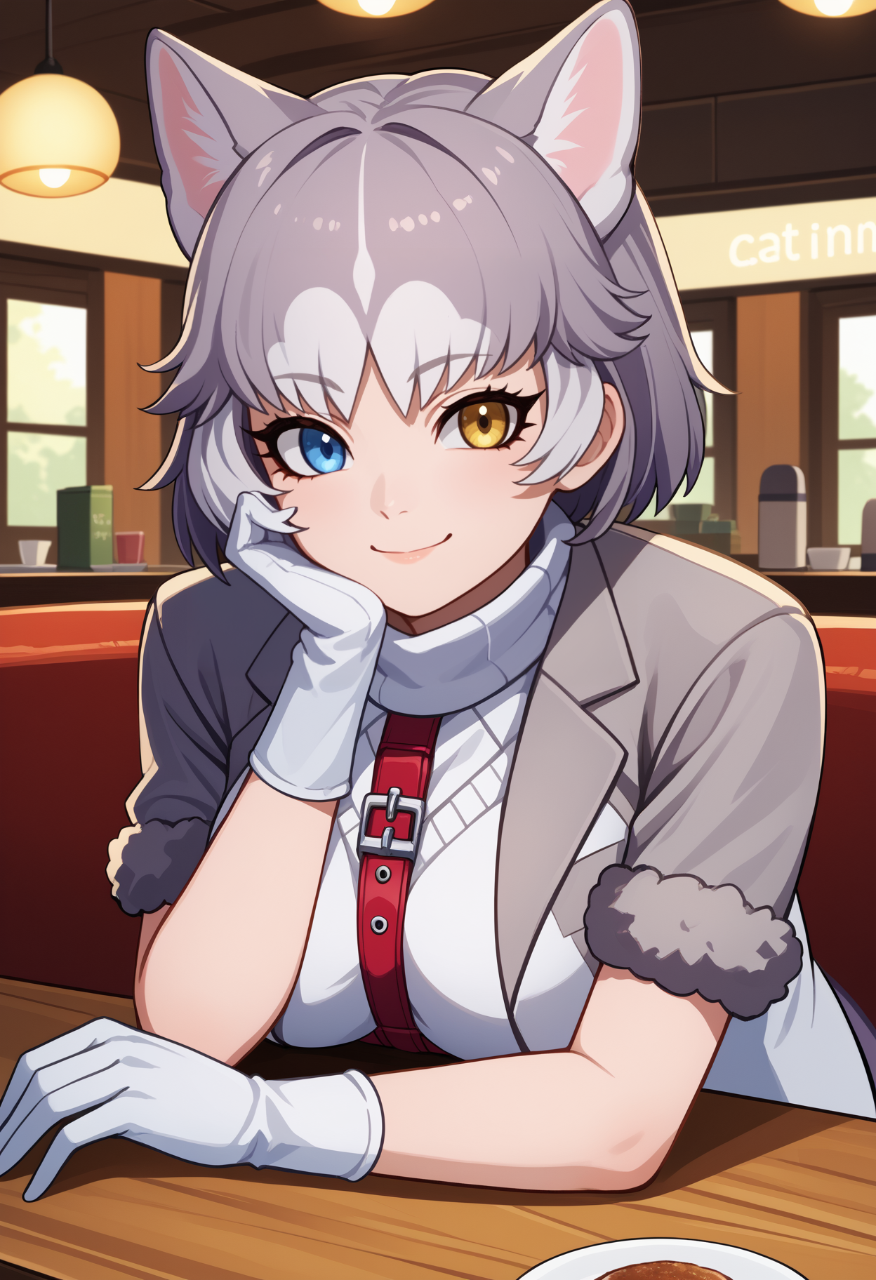 score_9, score_8_up, score_7_up, source_anime, <break> upper body, solo, 1girl, dom3sticd0g, dog tail, smile, looking at you, head rest, short hair, two-tone hair, white hair, grey hair, heterochromia, blue eyes, yellow eyes, fur trim, grey jacket, short sleeves, fur-trimmed sleeves, white sweater vest, harness, white gloves, elbow gloves, large breasts, indoors, cafe, table
<segment:yolo-face_yolov8m.pt,0.4,0.5//cid=1>