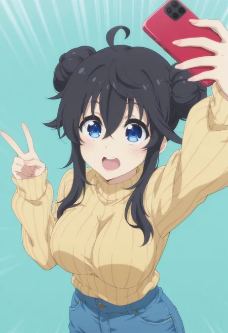 anime screencap, anime coloring,  <lora:DX888Ako:1> tamaki ako, blue eyes, black hair,  hair between eyes, ahoge,( double bun:1.2) hair over shoulders BREAK casual, jeans, long sleeves, (ribbed sweater:1.2), sleeves past wrists, sweater tucked in,  turtleneck sweater, yellow sweater  BREAK simple background, aqua background,  sunburst background, BREAK   1girl, breasts, cellphone, holding phone, open mouth,   selfie,  taking picture, (v:1.2), from above,