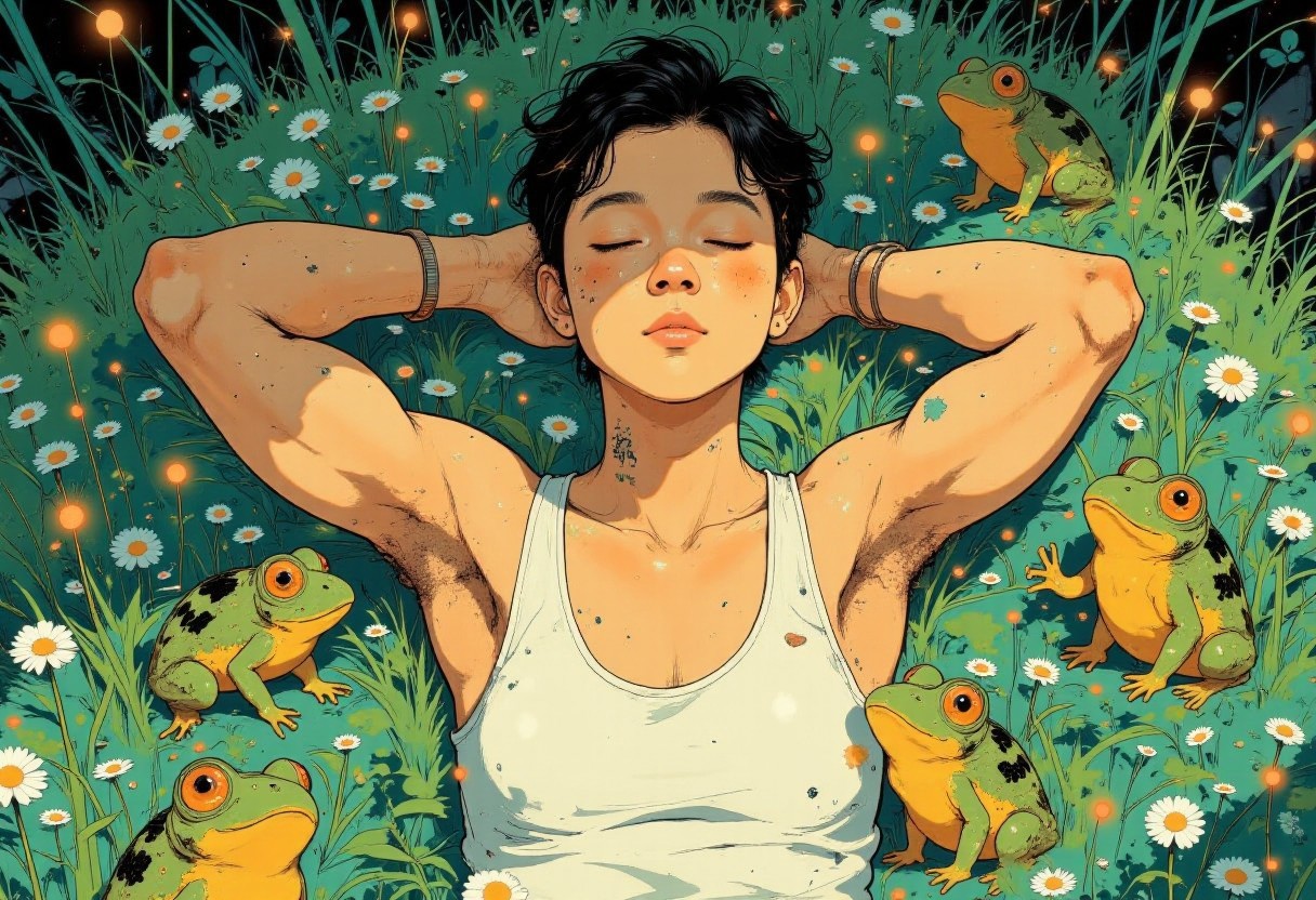 A tranquil anime-style illustration of a man lying on a lush green field surrounded by vibrant grass and small white flowers. He wears a simple white tank top, his arms relaxed behind his head, and his eyes closed, radiating peace and contentment. A group of frogs lie beside him, their eyes gently closed as they bask in the sunlight.
Sunlight filters through the leaves above, creating dappled patterns of light and shadow on his face and the grass. The background features dense greenery and a serene, natural atmosphere, emphasizing the quiet harmony between the man and her surroundings. The composition captures a moment of restful solitude in nature, with warm lighting and soft textures that highlight the peaceful mood.
<lora:Anime v1.3:1.2> <lora:Blue_Future:0.9> <lora:Ethereal_Brush_Anime_v1.0:0.6> <lora:It's a LoRA for portraits, BUT! actually specialized in backgrounds. v1.0:0.2>   <lora:dreadmirth-style-art:0.6> dreadmirthart