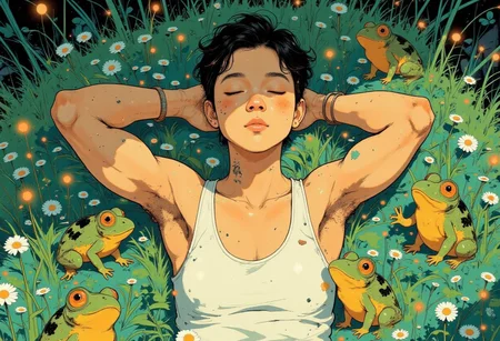 A tranquil anime-style illustration of a man lying on a lush green field surrounded by vibrant grass and small white flowers. He wears a simple white tank top, his arms relaxed behind his head, and his eyes closed, radiating peace and contentment. A group of frogs lie beside him, their eyes gently closed as they bask in the sunlight.
Sunlight filters through the leaves above, creating dappled patterns of light and shadow on his face and the grass. The background features dense greenery and a serene, natural atmosphere, emphasizing the quiet harmony between the man and her surroundings. The composition captures a moment of restful solitude in nature, with warm lighting and soft textures that highlight the peaceful mood.
<lora:Anime v1.3:1.2> <lora:Blue_Future:0.9> <lora:Ethereal_Brush_Anime_v1.0:0.6> <lora:It's a LoRA for portraits, BUT! actually specialized in backgrounds. v1.0:0.2>   <lora:dreadmirth-style-art:0.6> dreadmirthart