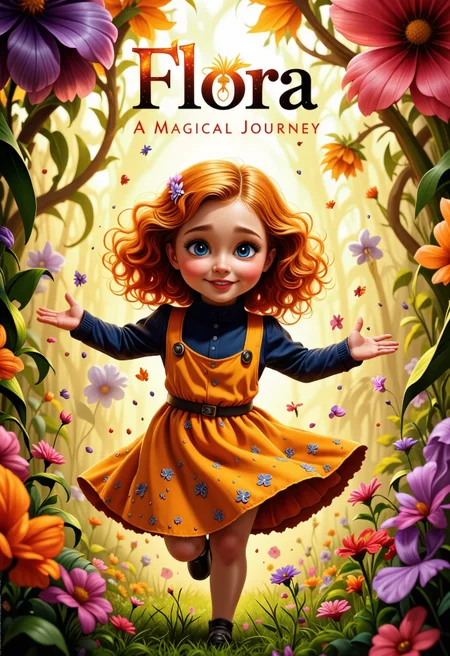 A whimsical, vibrant illustration of a young girl as the centerpiece, crafted in the style of a film poster. The girl is full of life, with strikingly vivid, curly orange hair that catches the light like fire. Her big blue eyes sparkle with innocence and joy, framed by delicate freckles across her rosy cheeks and a little snub nose. She dances with outstretched arms, radiating pure happiness. She wears a deep-colored, high-collared blouse beneath a bright pinafore dress adorned with subtle floral patterns, cinched at the waist with a small belt, adding a charming touch to her look. The background is a soft, glowing garden scene, blending abstract and surreal artistic elements. Blooming flowers in rich shades of orange, pink, and purple surround her, their shapes slightly exaggerated in a dreamlike, painterly fashion. The atmosphere is bathed in golden light, casting a warm, ethereal glow over the entire scene. The focus is on the girl's face, capturing every joyful detail with a high level of painterly quality. The composition feels fairytale-like, with playful, swirling elements in the background and a sense of movement that draws the viewer into her whimsical world. The overall style is artistic and detailed, combining soft, glowing colors with intricate textures to create a magical and captivating poster design. The title “Flora” is prominently displayed in the upper part of the poster. The Text “A Magical Journey” is in the lower part of the poster.