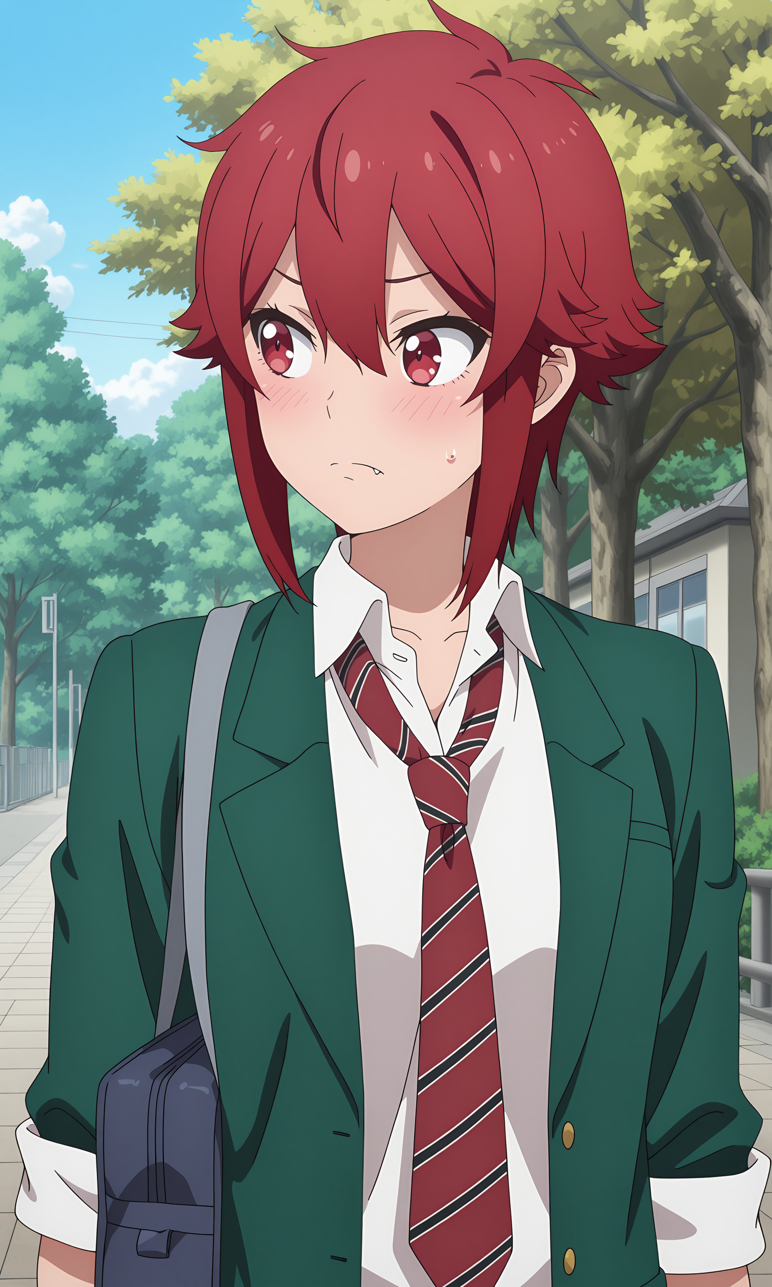 anime coloring, (anime screencap) masterpiece, detailed face,1girl,  <lora:Tomo_Aizawa:0.8>Tomo, necktie, red hair, school uniform, fang, solo, red eyes, short hair, bag, outdoors, blush, school bag, striped necktie, jacket, sleeves rolled up, shirt, sweatdrop, blazer, white shirt, tree, upper body, green jacket, hair between eyes, fang out, day, skin fang, red necktie, looking away, striped, open clothes, sidelocks, collared shirt, frown, closed mouth, looking to the side, loose necktie, short hair with long locks