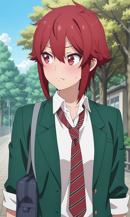 anime coloring, (anime screencap) masterpiece, detailed face,1girl,  <lora:Tomo_Aizawa:0.8>Tomo, necktie, red hair, school uniform, fang, solo, red eyes, short hair, bag, outdoors, blush, school bag, striped necktie, jacket, sleeves rolled up, shirt, sweatdrop, blazer, white shirt, tree, upper body, green jacket, hair between eyes, fang out, day, skin fang, red necktie, looking away, striped, open clothes, sidelocks, collared shirt, frown, closed mouth, looking to the side, loose necktie, short hair with long locks