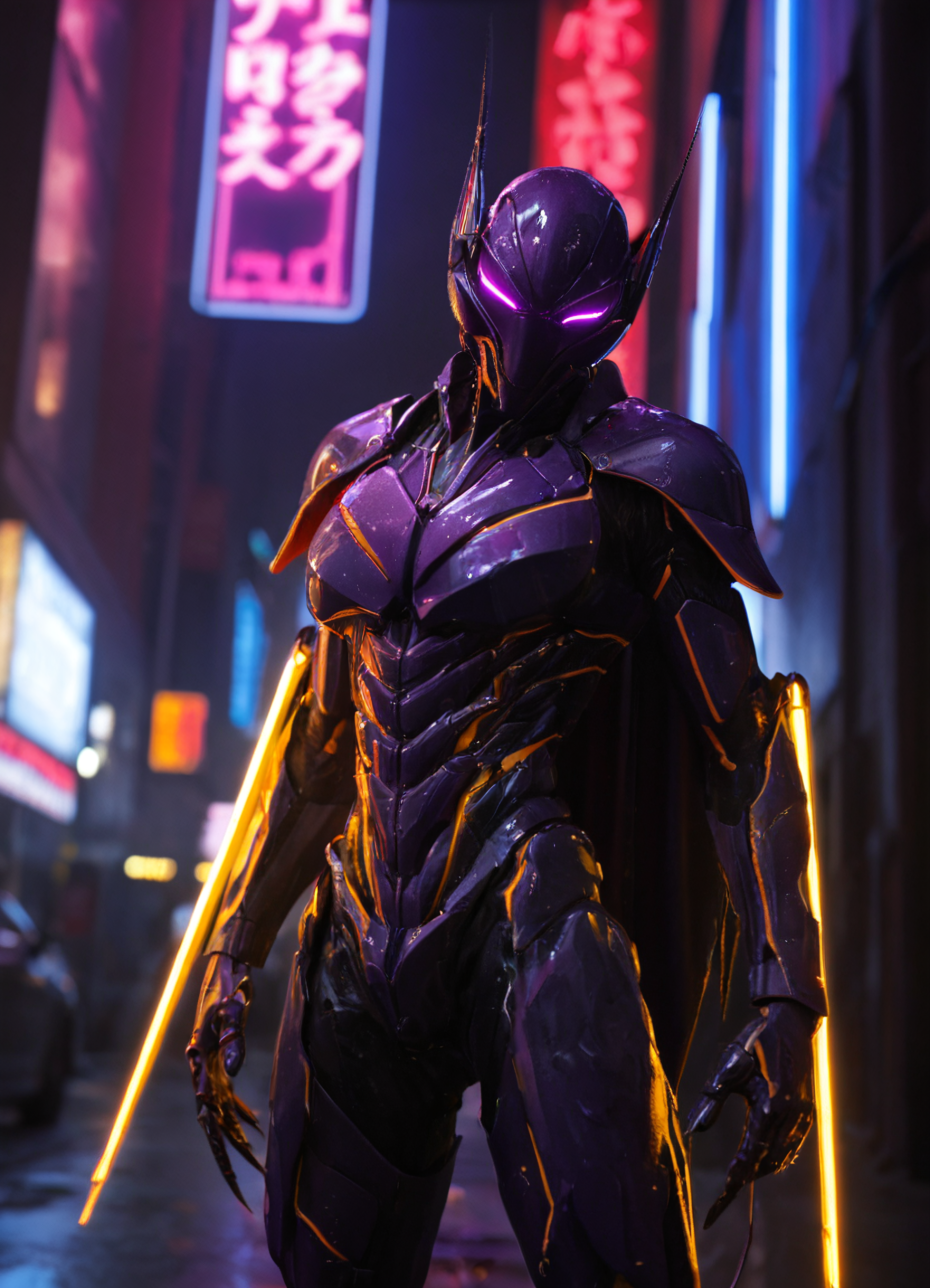 praying mantis, bipedal insectoid assassin, standing upright with sharp angular limbs and folded forearms, sleek matte black chitin armor catching streaks of neon light, glowing compound eyes barely visible under shadowed cowl, backlit by towering neon sign in bold kanji, deep purple and crimson hues reflecting off wet chitin, blades sheathed beneath bioluminescent arm plating, cinematic close-up portrait with dramatic rim lighting, cyberpunk alley, steam rising in foreground <lora:mantis_lora_f16:0.7000000000000002>