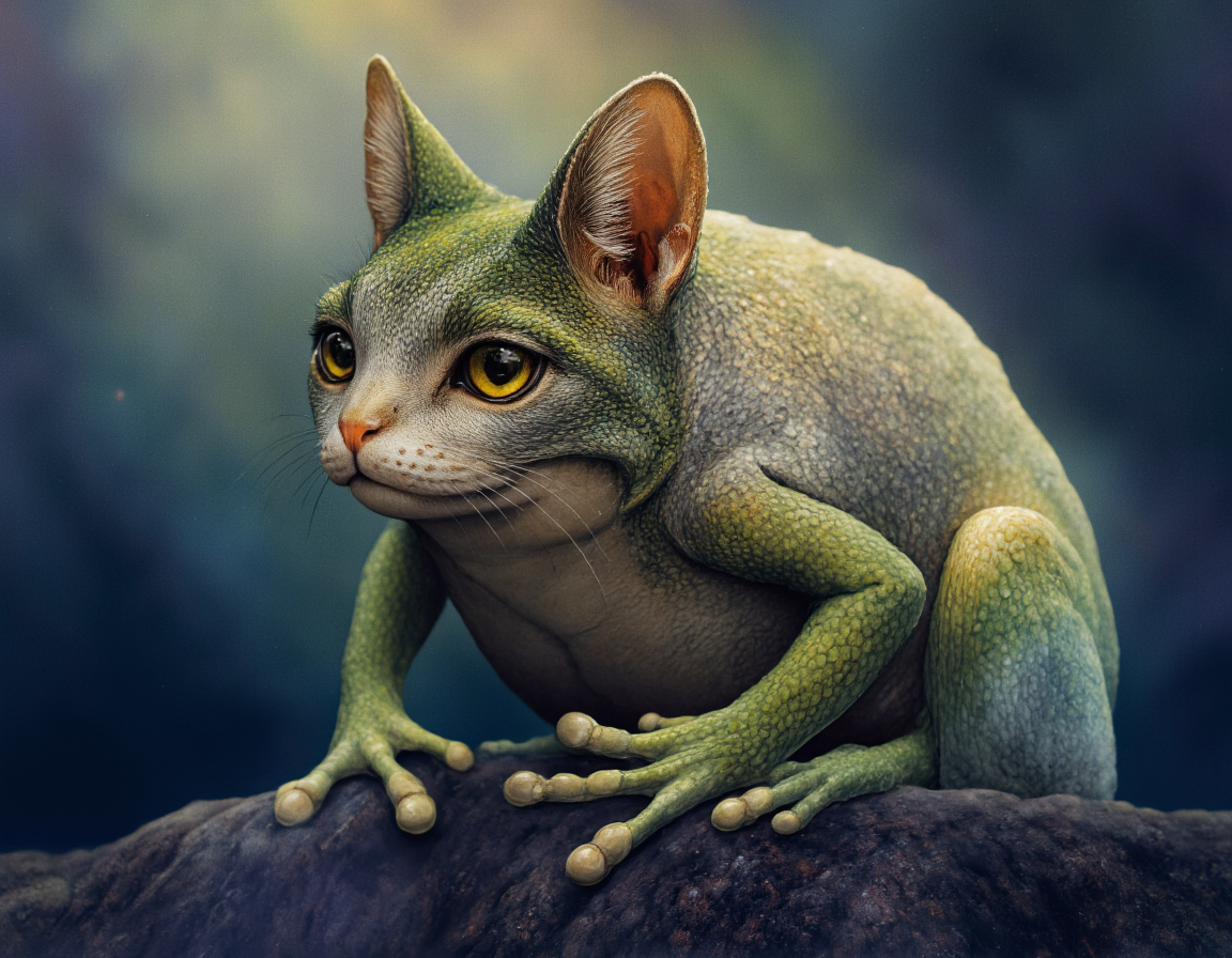 <lora:{surreal, }Surreal:0.85> surreal, A surreal and dreamlike illustration depicting a frog with the head of a cat, blending the natural world with the fantastical. The frog's body is a vibrant green, with intricate, hyper-detailed texture resembling slimy skin, and its legs are long and muscular, ending in webbed feet. However, instead of a frog's head, it has the head of a domestic cat, with soft, fluffy fur that's a mix of grey and white, and piercing yellow eyes that seem to gleam with an inner light. The cat head is proportionally larger than a normal frog's head, adding to the surrealism of the image. The expression on the cat's face is serene, with a slight, enigmatic smile. The lighting is soft and ethereal, with a warm, golden glow that seems to emanate from within the illustration itself, casting no harsh shadows and instead enveloping the frog-cat hybrid in a gentle, mystical aura. The background is a swirling mix of blues and purples, evoking a sense of deep water or a clear night sky, with subtle, shimmering patterns that suggest the presence of mist or fog. The illustration is rendered in a highly detailed, painterly style, with bold brushstrokes and vivid colors that seem to pulse with life. The overall mood is one of wonder and enchantment, as if the viewer has stumbled into a hidden, magical realm. The image features a shallow depth of field, focusing sharply on the frog-cat hybrid while softly blurring the background, and the shot is a close-up, emphasizing the intricate textures and details of the creature's face and body. . 35mm photograph, film, bokeh, professional, 4k, highly detailed