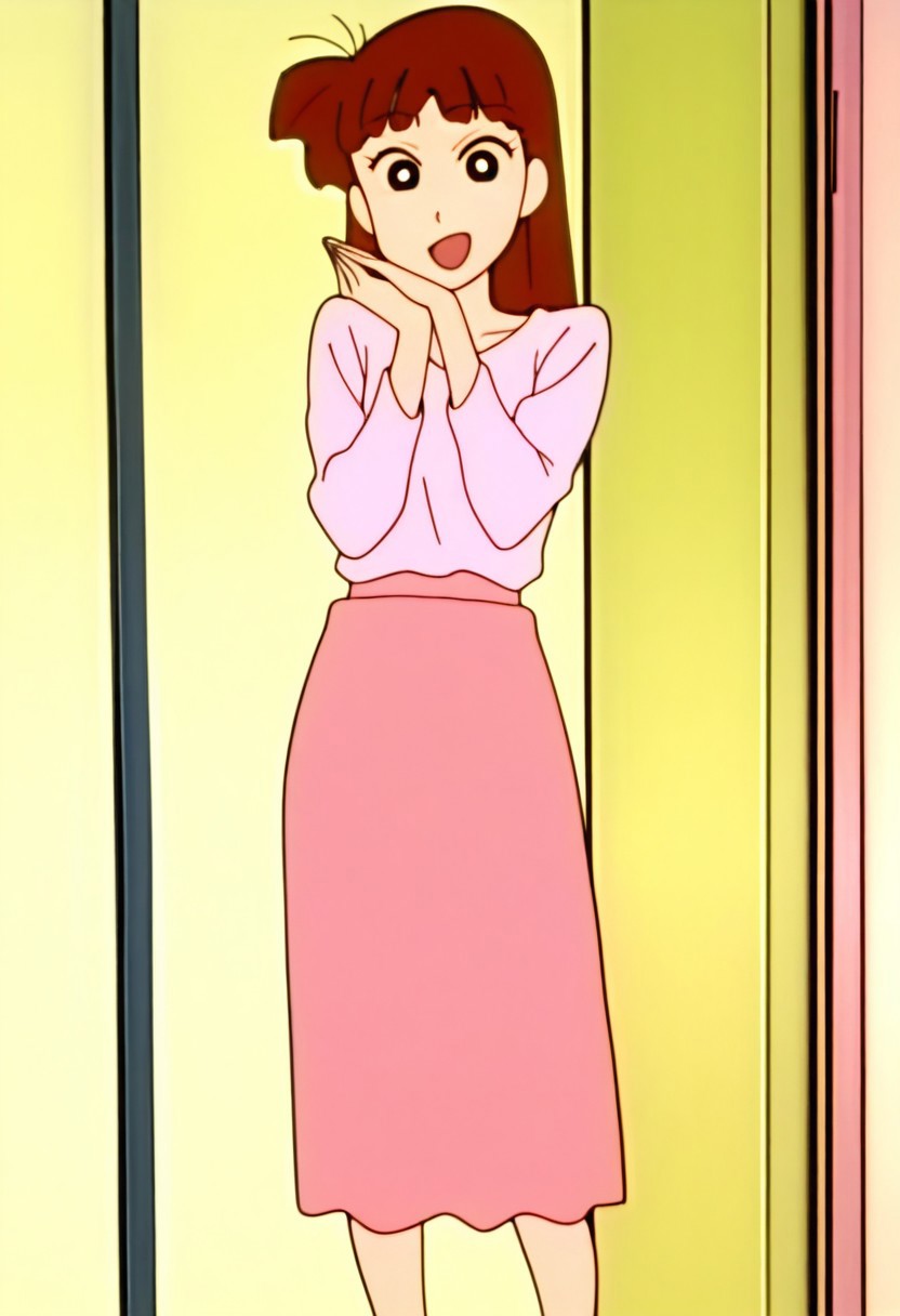 best quality, masterpiece, anime screencap, anime coloring, ultra detailed, source_anime, intricate details, perfect anatomy, looking at viewer, sakurada moeko, long hair, brown hair, black eyes, bang, blunt bangs, 1girl, solo, long sleeves, shirt, pink shirt, pink skirt, long skirt, legs, big smile, open mouth, with both hands extended forward,