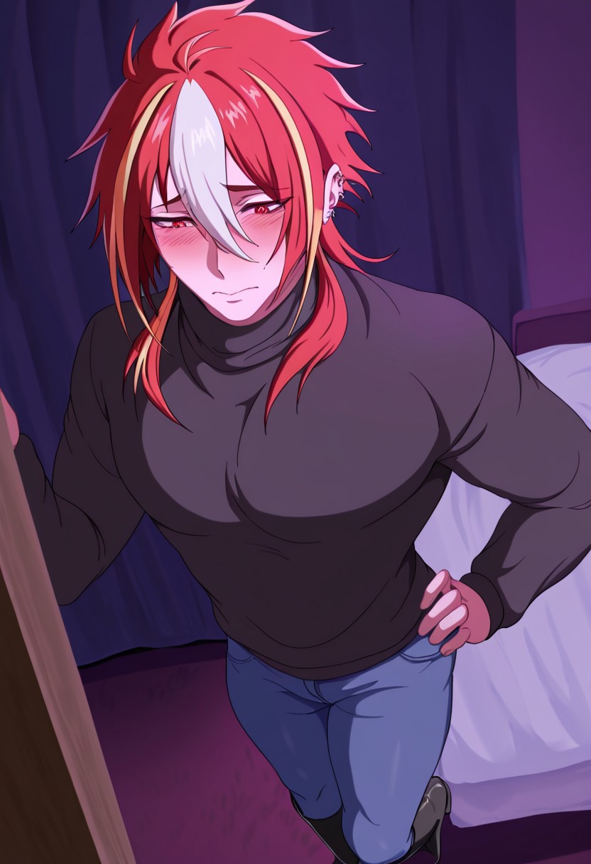 masterpiece, best quality, S3N@Y34I, solo, 1boy, red hair, upper helix piercing, red eyes, multicolored hair, streaked hair, blue jeans, black heeled boots, sweater, shy, blushing, posing, one hand on hip, indoors, bedroom, at night, posing,