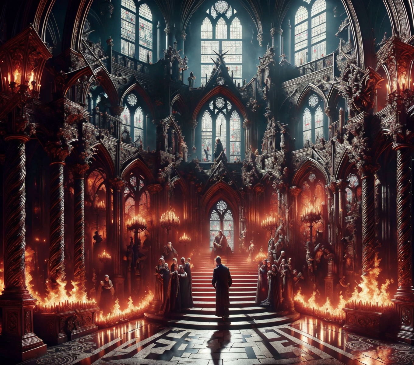 RAW photo, (masterpiece:1.3), subsurface scattering, heavy shadow, (high quality:1.4), (intricate, high detail:1.2), professional photography, HDR, High Dynamic Range, realistic, ultra realistic, photorealistic, high resolution, film photography, ambient lighting, atmospheric effects, <lora:detail_slider_v4:2>, OverallDetail,  <lora:InfernalCourt:1>,1boy, crown, fire, formal, infco, multiple boys, multiple girls, no humans, scenery, solo, stained glass, stairs