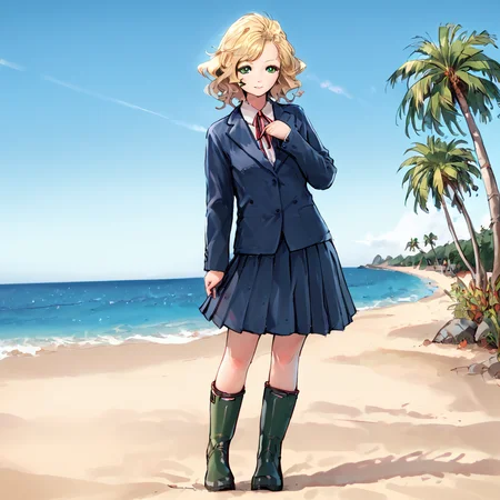 <lora:Eyes_High_Definition:1> eyeshd, <lora:Paz_-_MGS_Peace_Walker-000017:1> score_9, score_8_up, score_7_up, score_6_up, paz, 1girl, solo, short hair, blonde hair, blue eyes, green eyes, small breasts, school uniform, blue skirt, jacket, blue blazer, red ribbon, boots, knee-high boots, heeled boots, outside, standing on beach, palm trees,