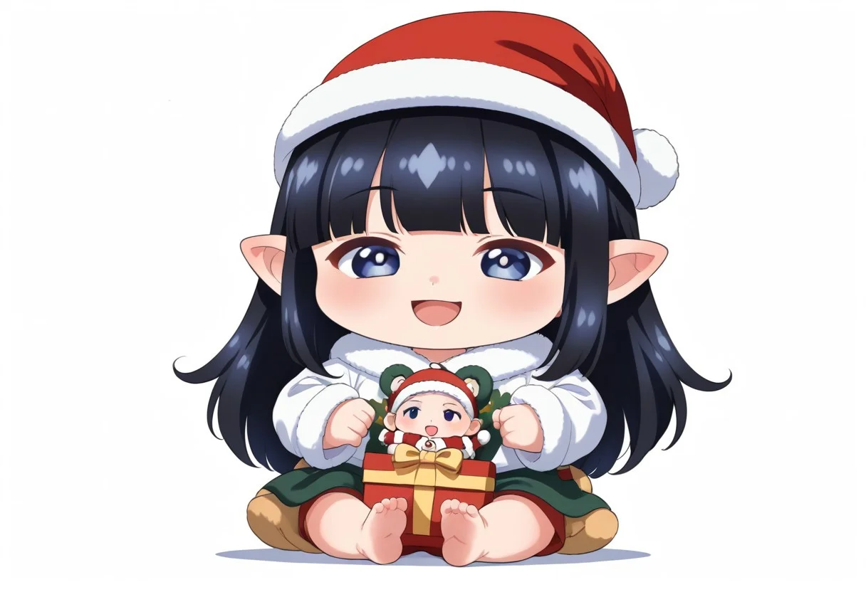 chibi solo, 1girl, medium black hair fluffy blue hanfu, wide long sleeves white hanfu, funny, chibi sitting, infant, toddler,
Fat chibi open christmas gifts, medium, baby, infant, toddler,
Santa hat, opened mouth, smile, giggled, white background, christmas party, chibi, chibi, infant, force side view, force from side,