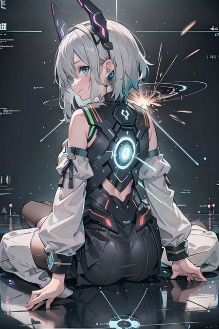 (masterpiece), (science fiction:1.4), 1girl, her back turned, on all fours, smile, silver hair, aqua eyes, headgear, long sleeves, detached sleeves, glowing energy clothing, light particles, short skirt