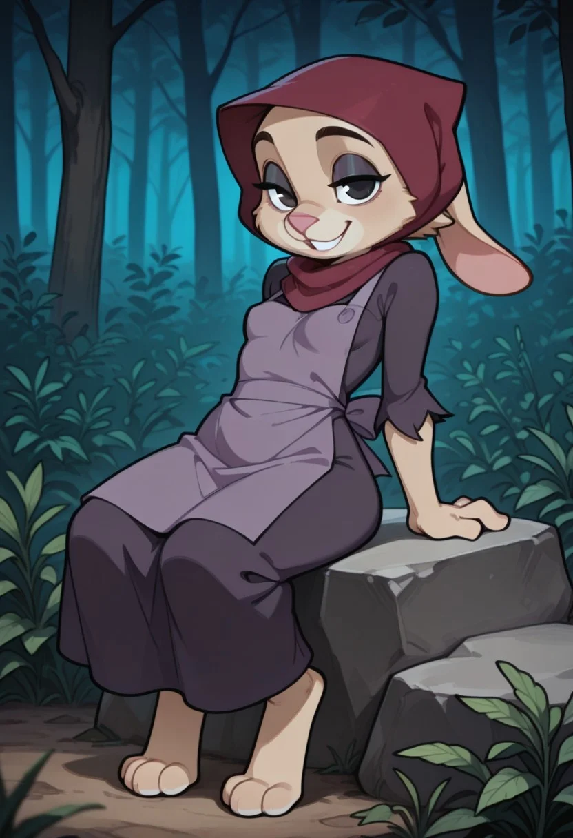 score_9,score_8_up,score_7_up,score_6_up, masterpiece, best quality, very aesthetic, 2d, ((thin lines)),
background is outside, in forest, day,
volumetric lighting, light particles, cinematic lighting, depth of field,
BREAK
1girl, solo, female, motherrabbitRHil, anthro, female, rabbit_girl, beige fur, black eyes, (4 fingers:1.2), (shortstack:0.5), narrow waist, small breasts, (young:1.3), (cute), (sexy),
smile, happy, lidded eye,
dark purple dress, torn sleeves, lavender apron, maroon head_scarf,
full body, from the front,
(sitting on a rock:1.2), leaning back hands on rock, arched_back, looking at viewer,