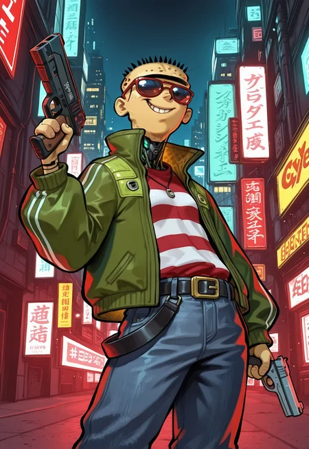 masterpiece, absurdres, highest quality, highly detailed, source_cartoon, IllusP0s, cyberpunk, solo, edboi smug, mnbrow, belt, blue jeans, unibrow, sunglasses, green cyberpunk jacket, red and white striped shirt, belt, pistol, holding a pistol, cyberpunk city background, detailed background, night,