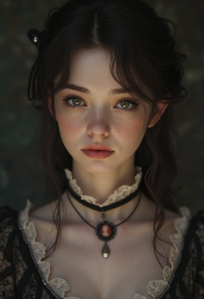 A high-resolution, waist up portrait of a young woman in her early twenties with a soft, innocent expression, exuding a sense of Victorian elegance. She has fair, porcelain skin and wide, doe-like eyes that sparkle with a hint of mystery. Her lips are painted a gentle rose shade, slightly parted. Her dark, wavy hair is styled in an elegant Victorian updo adorned with a lace ribbon. She wears a vintage, dress with intricate lace details and a cameo brooch at her neck, evoking both innocence and old-world charm. The background is dimly lit, with shadows that seem to subtly encroach, adding an eerie, gothic atmosphere to the scene. Soft, diffused lighting highlights her delicate features, casting a gentle glow over her pale complexion, giving her an ethereal, haunting beauty that feels both inviting and unsettling
glow effects, godrays, Hand drawn, render, 8k, octane render, cinema 4d, blender, dark, atmospheric 4k ultra detailed, cinematic, Sharp focus, big depth of field, Masterpiece, colors, 3d octane render, 4k, concept art, trending on artstation, hyperrealistic, Vivid colors, extremely detailed CG unity 8k wallpaper, trending on CGSociety, Intricate, High Detail, dramatic  intricate, detailed . magnificent, celestial, ethereal, painterly, epic, majestic, magical, fantasy art, cover art, dreamy