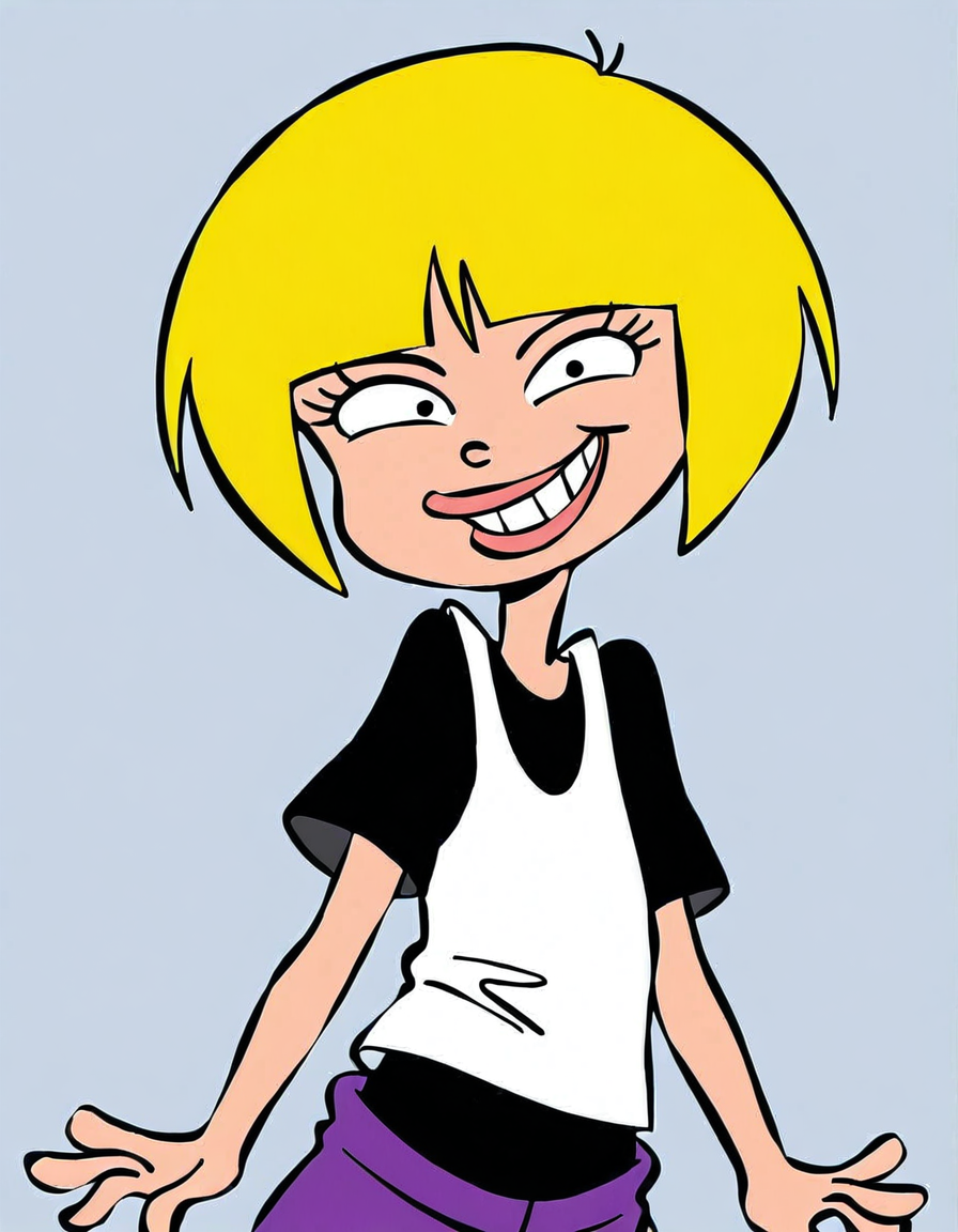nazz,blonde hair, short hair, 1girl, shirt, solo,, pants, t-shirt purple pants,   <lora:NazzIllustrious1.0JLFO:1> simple background,, looking at viewer,upper body, grin,