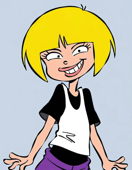 nazz,blonde hair, short hair, 1girl, shirt, solo,, pants, t-shirt purple pants, <lora:NazzIllustrious1.0JLFO:1> simple background,, looking at viewer,upper body, grin,