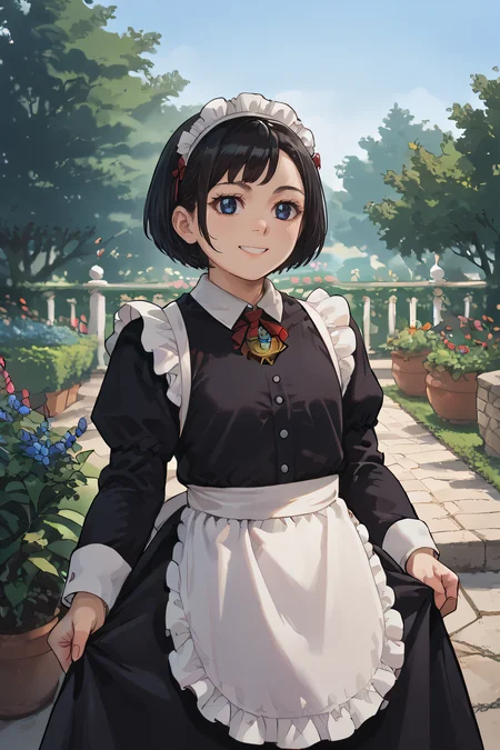 score_9, score_8_up, source_anime,
enonoka, blue eyes, short hair, black hair,
maid, maid headdress, apron, black dress, skirt hold, smile, garden, standing
<lora:Smooth Style 2 SDXL_LoRA_Pony Diffusion V6 XL:0.8> <lora:enonoka:.9>