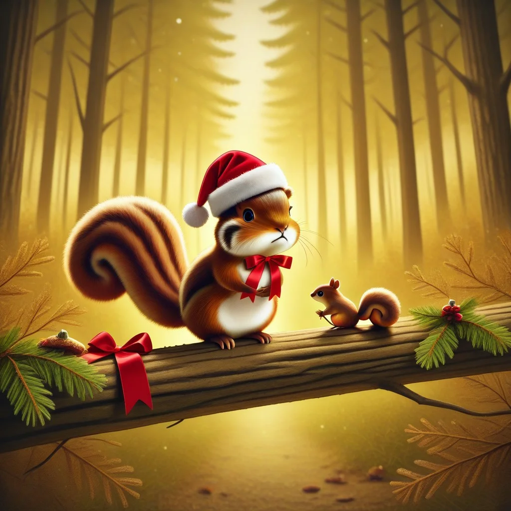 animal christmas, christmas theme,
animal focus, no humans,
squirrel, nuts, forest, christmas hat, ribbon,
masterpiece, best quality, absurdres