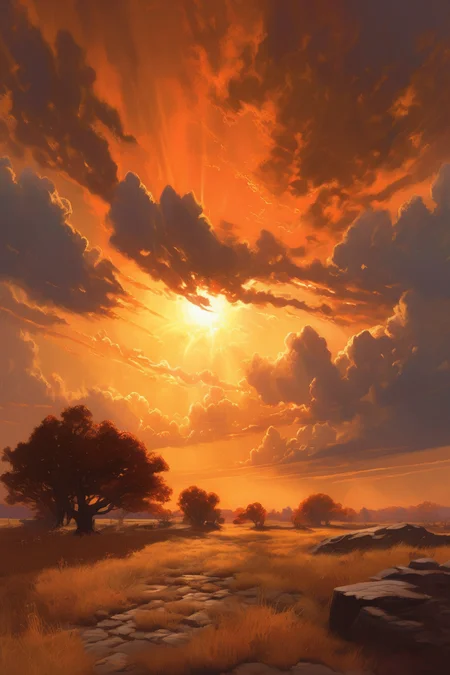 <lora:Noah Bradley Style:1>Noah Bradley Style - The sky is clear with a few scattered clouds, and the sun dominates the scene, radiating warmth and casting sharp shadows.