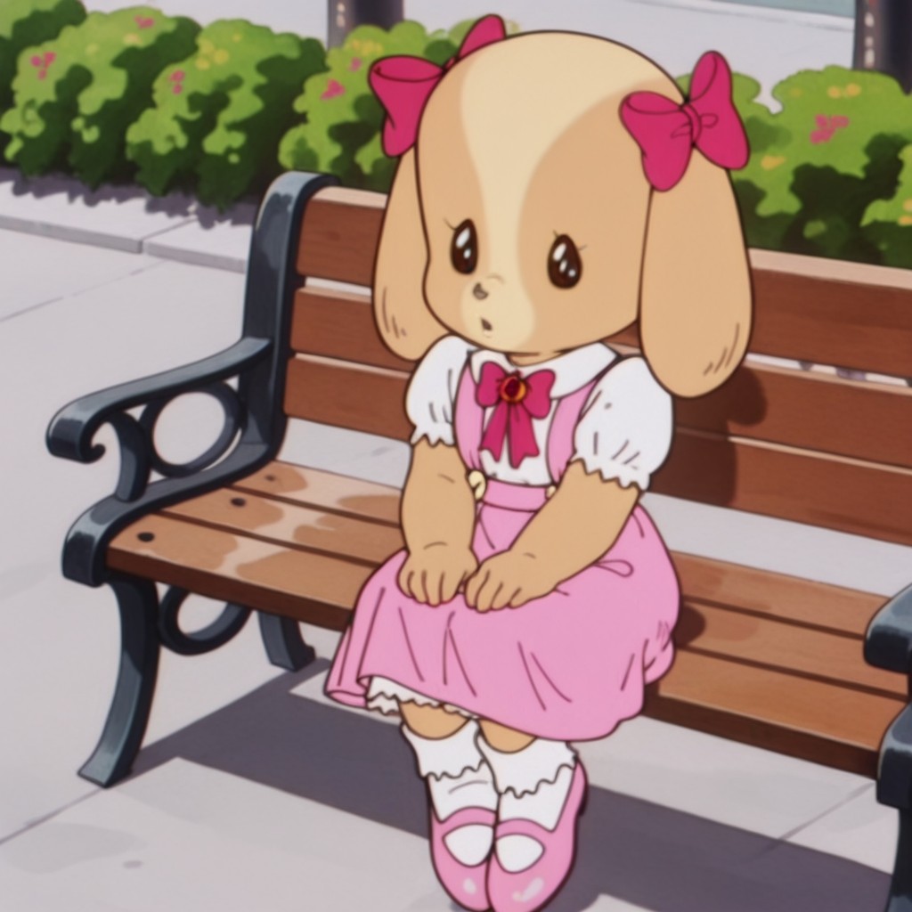 masterpiece, best quality, amazing quality RolleyCockeril, anthro, female, cocker spaniel, tan fur, black eyes, long ears, pink ear_bows, pink suspender dress, pink bowtie brooch, white shirt, collared shirt, short puffy sleeves,  white socks, pink flats, sitting, on a bench, outside, , <lora:03fb64ad-d597-470d-918e-2282a0307239:1.0>