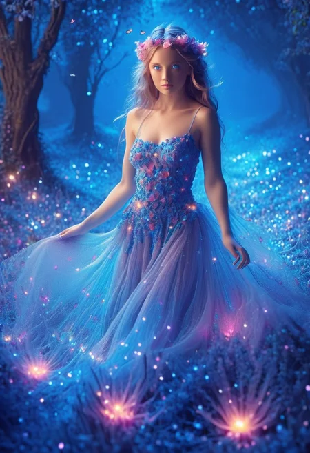 (8k analog photo,magical landscape:1.2),
An enchanting faerie in a blooming meadow, Looking at viewer, Blue eyes, surrounded by butterflies and colorful flowers. Her dress is made of petals and her hair glows with magical lights, creating a whimsical and vibrant scene.
<lora:Bio-Luminescence:1> bioluminescent