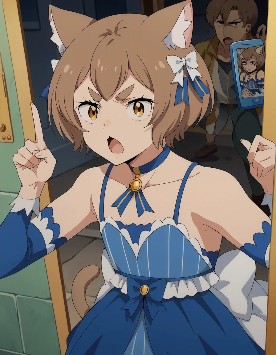 score_9, score_8_up, score_7_up, source_anime, <lora:felix-argyle-s3-p1-ponyxl-lora-nochekaiser:1>, felix argyle, short hair, bangs, brown hair, bow, animal ears, hair bow, male focus, cat ears, eyelashes, bob cut, thick eyebrows, white bow, otoko no ko,, dress, bare shoulders, collarbone, jacket, tail, pantyhose, detached sleeves, choker, striped, blue dress, vertical stripes, crossdressing, frills, skirt,, phone booth, glass, phone, street, retro, , <lora:horns-pose-ponyxl-lora-nochekaiser:1>, horns pose, index fingers raised, angry, steam, open mouth, shouting, anger vein,, looking at viewer, solo,, dutch angle, cowboy shot