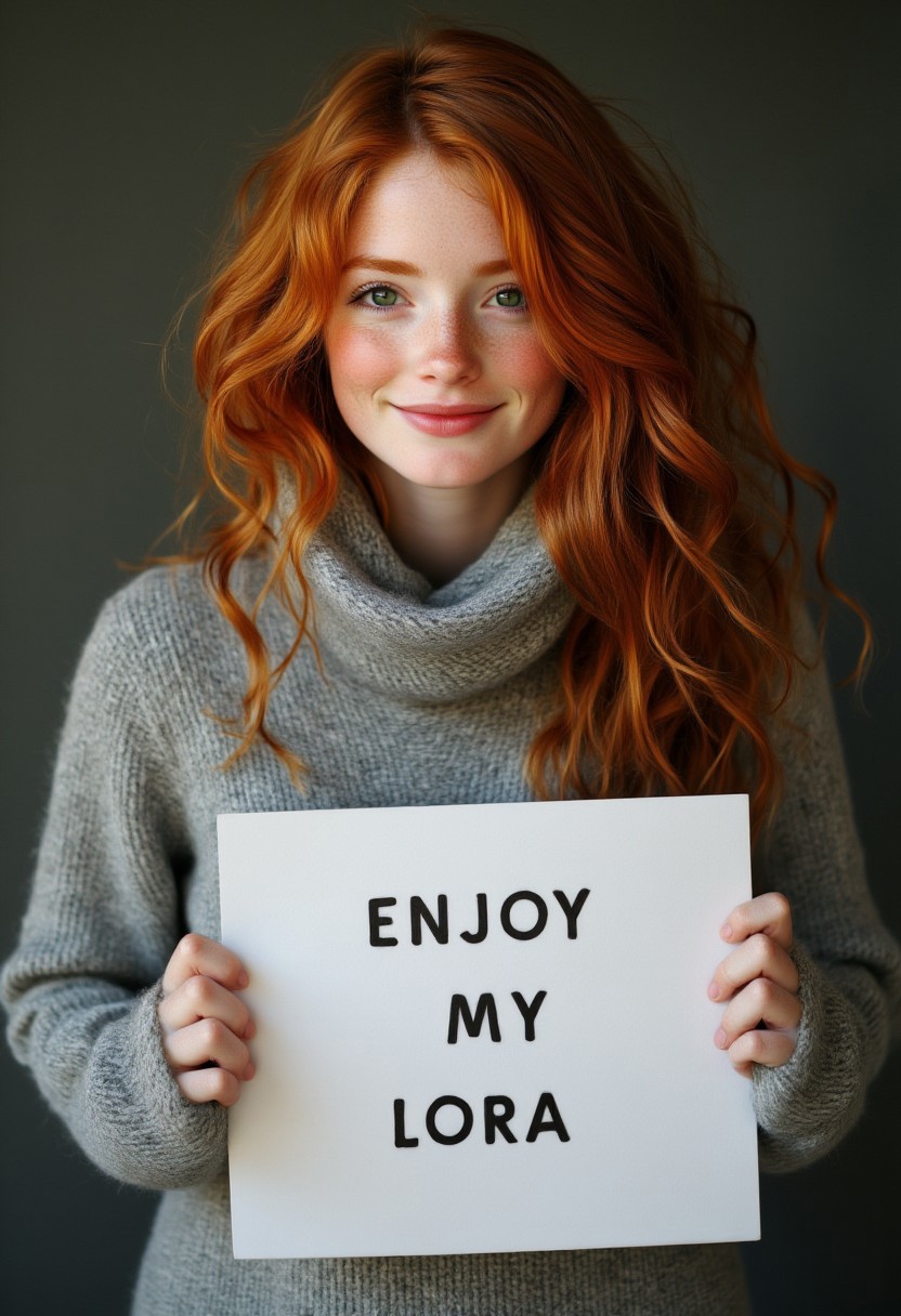 FictionalSabrina A red head girl with green eyes, holding a sign that says "Enjoy my Lora" while smiling softly. She is wearing a cozy grey sweater