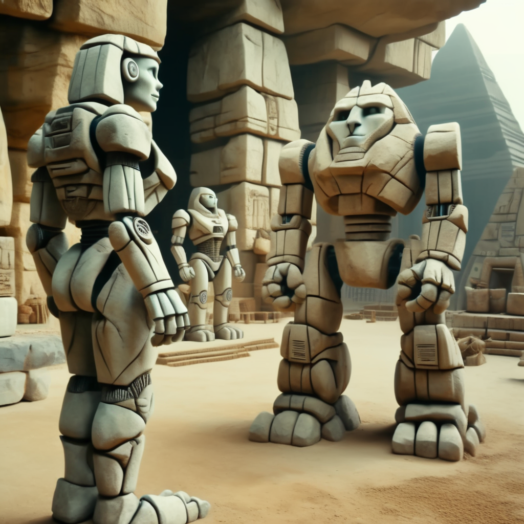 stonesigner very modern robots in the background of the pyramid, cinematic<lora:stonesigner:1>
