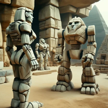 stonesigner very modern robots in the background of the pyramid, cinematic<lora:stonesigner:1>