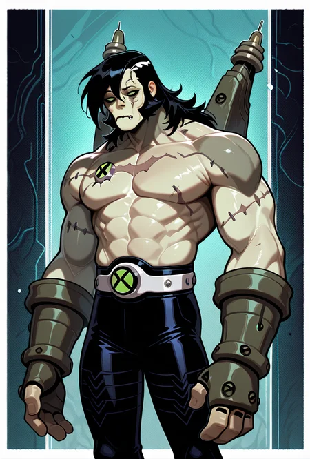 <lora:frankenstrike-10:1> frankenstrike, solo, black hair, colored skin, muscular, 1boy, scar, topless male, gauntlets, long hair, , belt, stitches, pants, bolts, sideburns,, masterpiece, best quality, amazing quality, very aesthetic, absurdres, newest,, upper body, halftone effect, white borders, abstract background:1.2,
