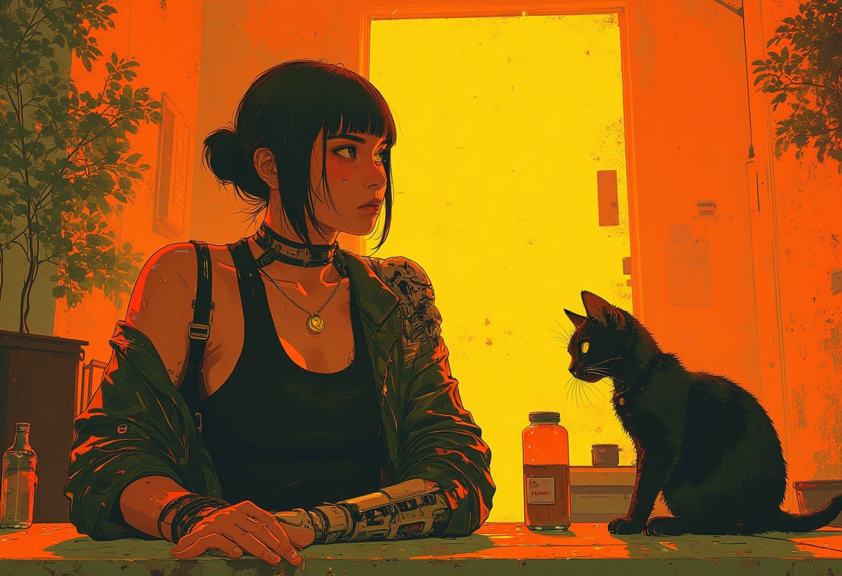 young woman with short, sleek black hair and bangs sits thoughtfully in front of a warm, glowing background of a sunlit room. Her attire is a mix of casual and futuristic, featuring a black top with cut-out shoulders and a black jacket, while her mechanical prosthetic arm hints at a cybernetic or sci-fi setting. 
a kitten is sitting  on table and lookin on Woman
She wears a gold pendant, . The room's warm orange tones from the sunlight, a visible plant, and furniture create a cozy yet fturistic atmosphere