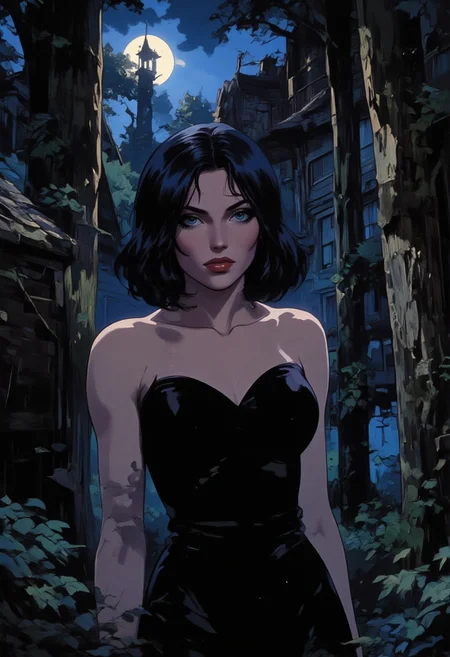 "A mysterious woman with short black hair, fair skin, and striking red lips stands in a dark forest, her gaze locked with the viewer. She wears a simple black dress, and the moonlight filters through the trees, casting dappled shadows across her face and body. Her expression is calm, with her head slightly lowered, and the light subtly illuminates her upper body. The scene is atmospheric, with the dark forest setting creating a sense of intrigue and mystery. The play of light and shadow adds depth, while the moon's glow enhances the ethereal quality of the environment, blending perfectly with the figure's poised presence."