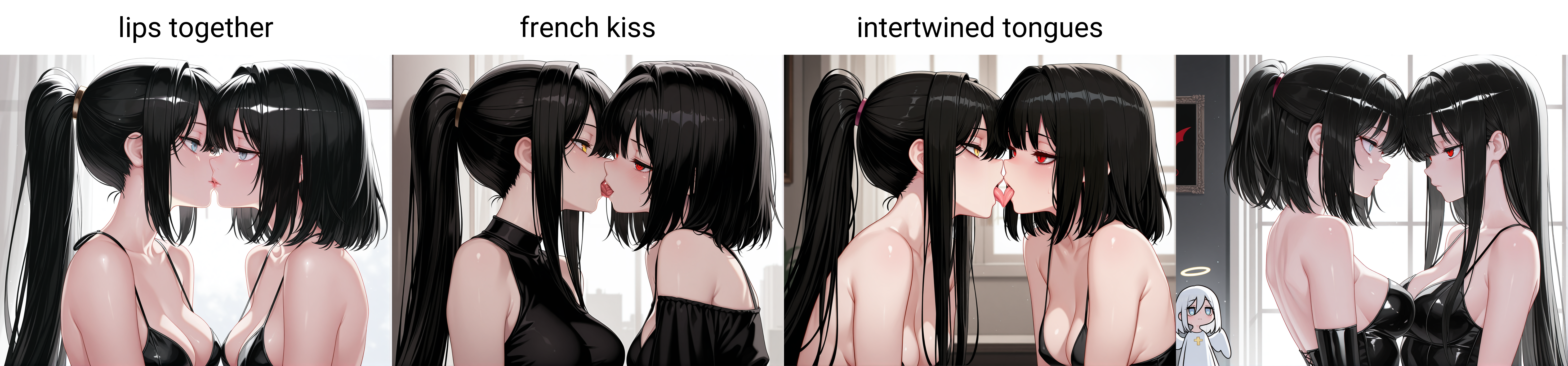 lips together,frks,medium breasts,angel and devil,upper body,ponytail,straight hair,medium hair,very long hair,<lora:French_Kiss:0.7>,, masterpiece,best quality,amazing quality, very aesthetic, absurdres,detailed eyes,ultra-detailed,