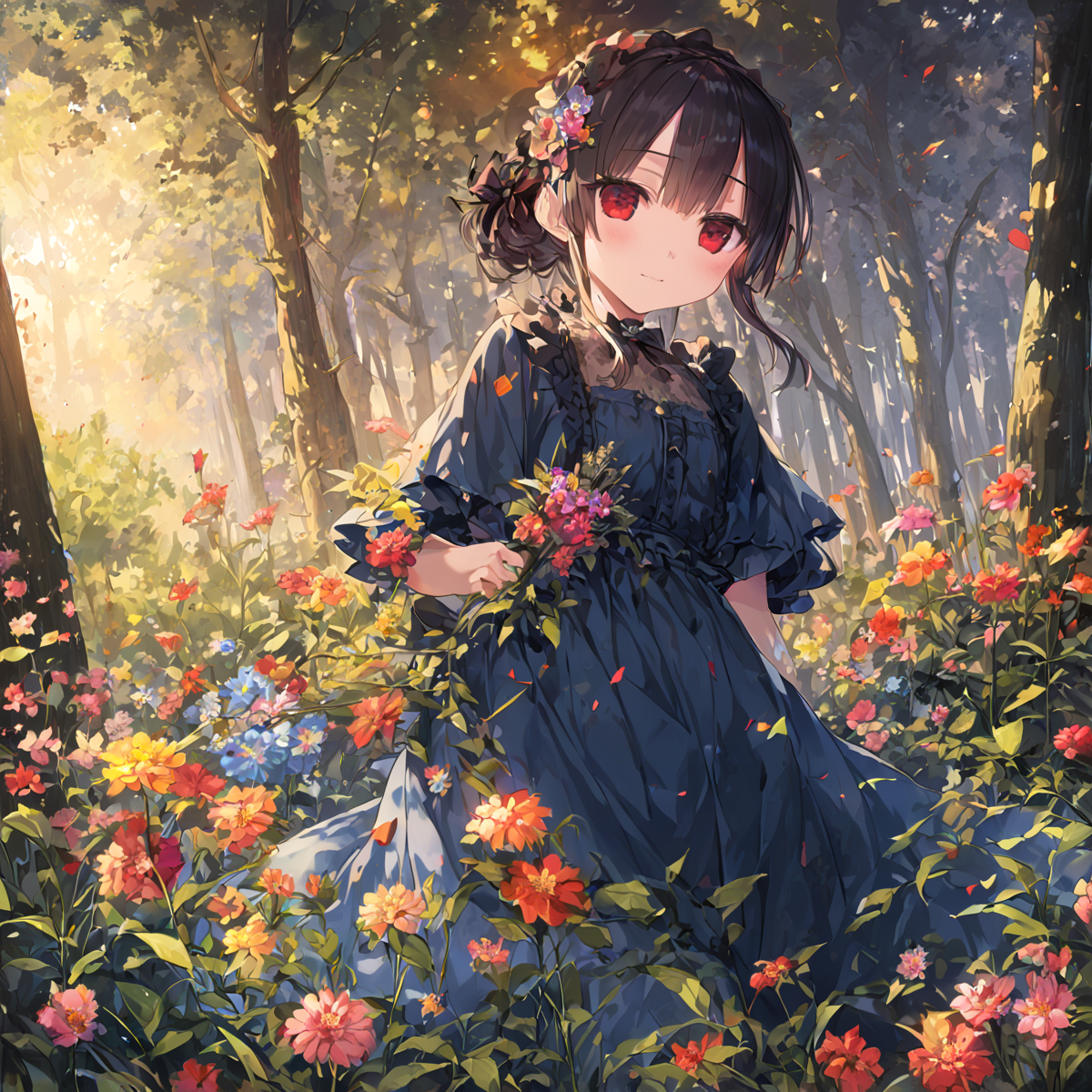 masterpiece,impressionistic painting,by Claude Monet,(hachiroku:1.2), cluster flower, (colorful flowers:1.1), deep forest, cluster flower,(sky:1.21), ambient light,looking at viewer,  blue dress, Gothic, outdoors, summer,dusk, blurry background,wind, <lora:8620_XL_test:1>