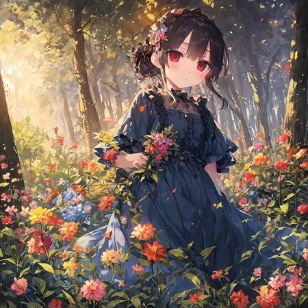 masterpiece,impressionistic painting,by Claude Monet,(hachiroku:1.2), cluster flower, (colorful flowers:1.1), deep forest, cluster flower,(sky:1.21), ambient light,looking at viewer,  blue dress, Gothic, outdoors, summer,dusk, blurry background,wind, <lora:8620_XL_test:1>