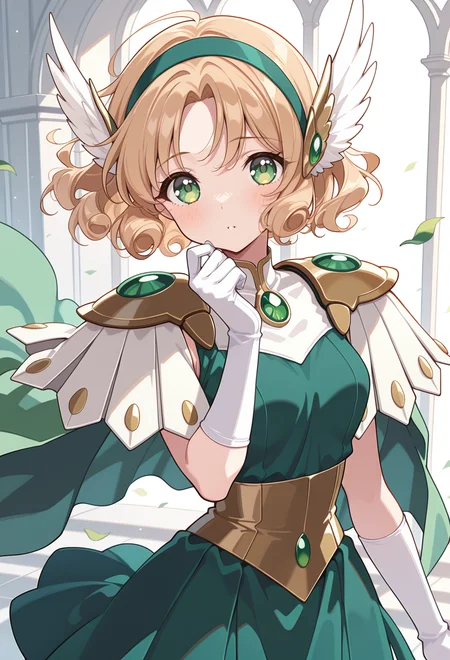 masterpiece, best quality, high quality, anime, solo, <lora:AEFuuillx:1>
AEFuuFinal, green eyes, light brown hair, curly hair, parted bangs, short hair, green hairband, hair ornament, head wings, wing hair ornament, armored dress, green cape, elbow gloves, gem, green dress, green gemstone, pauldrons, sleeveless,white gloves, white footwear,