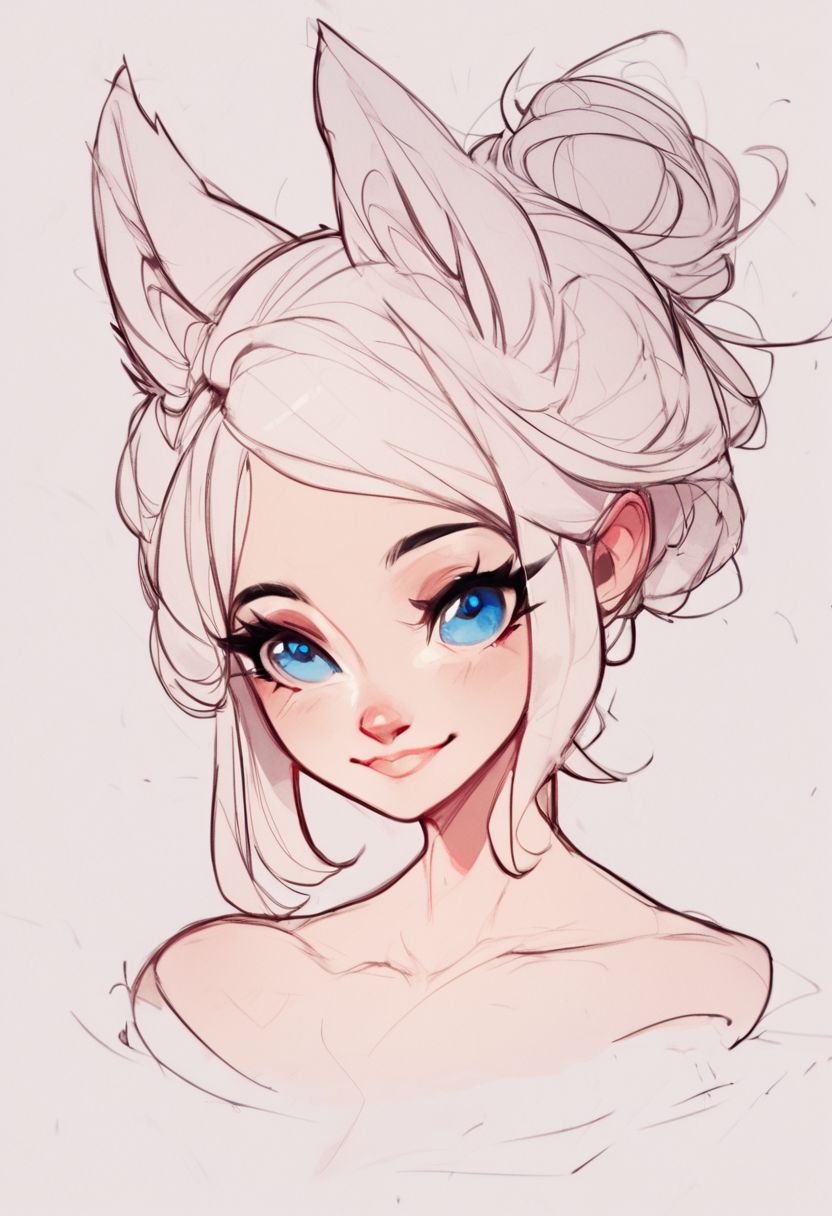 score_9, score_8_up, score_8, medium breasts, (curvy), cute, eyelashes, white hair, wolf ears, blue eyes, sketch,single hair bun, collarbone, 
upper body, outdoors  smile,