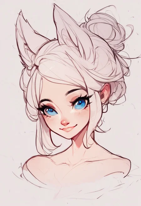 score_9, score_8_up, score_8, medium breasts, (curvy), cute, eyelashes, white hair, wolf ears, blue eyes, sketch,single hair bun, collarbone, 
upper body, outdoors  smile,