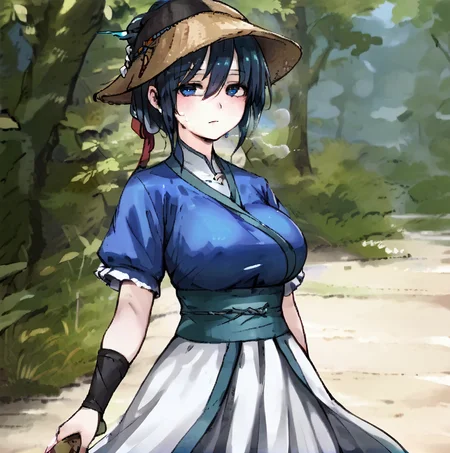 score_9, score_8_up, score_7_up, score_6_up, source_anime, rating_explicit, <lora:neg4all_bdsqlsz_V3.5:2.0>1girl, (solo:1.1), huge breasts, <lora:Dan Lihuaponyxl:0.75> short hair, black hair, hair between eyes, blue hair, blue eyes, black eyes, short sleeves, chinese clothes, china dress, blue shirt, white skirt, long skirt, black hat, expressionless, Narrow shoulders, heavy breathing, sweat, steaming body, forest, outdoor, looking at viewer <lora:live_story_girl:0.8>
