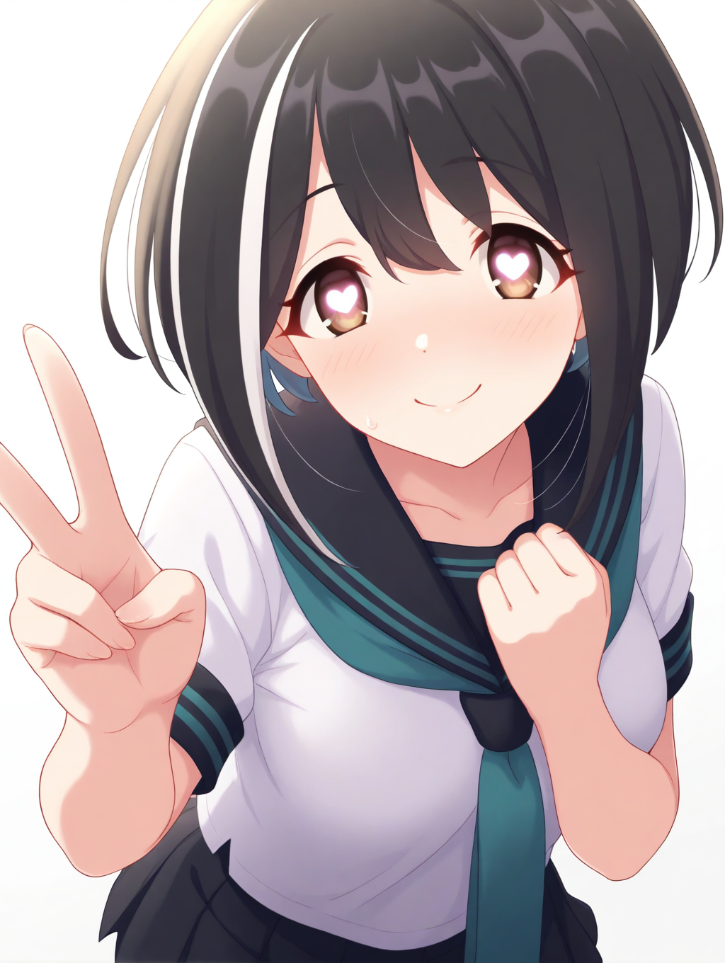 (masterpiece,best quality,ultra_detailed,highres,absurdres:1.2,amazing quality,very aesthetic),<lora:wakana_pcr _ilxl_v1-000012:0.8>,wakana\(princess connect!\),1girl,solo,black hair,white hair,short hair,multicolored hair,heart-shaped pupils,clenched hand,white shirt,serafuku,aqua necktie,pleated skirt,black skirt,hand on own chest,brown eyes,v,smile,white background,standing,upper body,