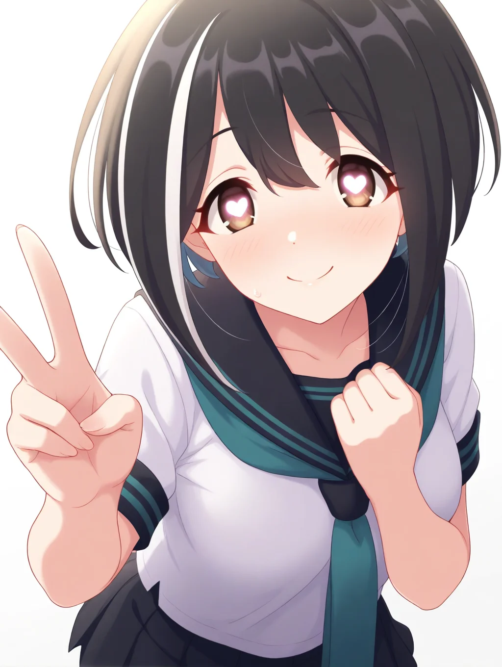 (masterpiece,best quality,ultra_detailed,highres,absurdres:1.2,amazing quality,very aesthetic),<lora:wakana_pcr _ilxl_v1-000012:0.8>,wakana\(princess connect!\),1girl,solo,black hair,white hair,short hair,multicolored hair,heart-shaped pupils,clenched hand,white shirt,serafuku,aqua necktie,pleated skirt,black skirt,hand on own chest,brown eyes,v,smile,white background,standing,upper body,