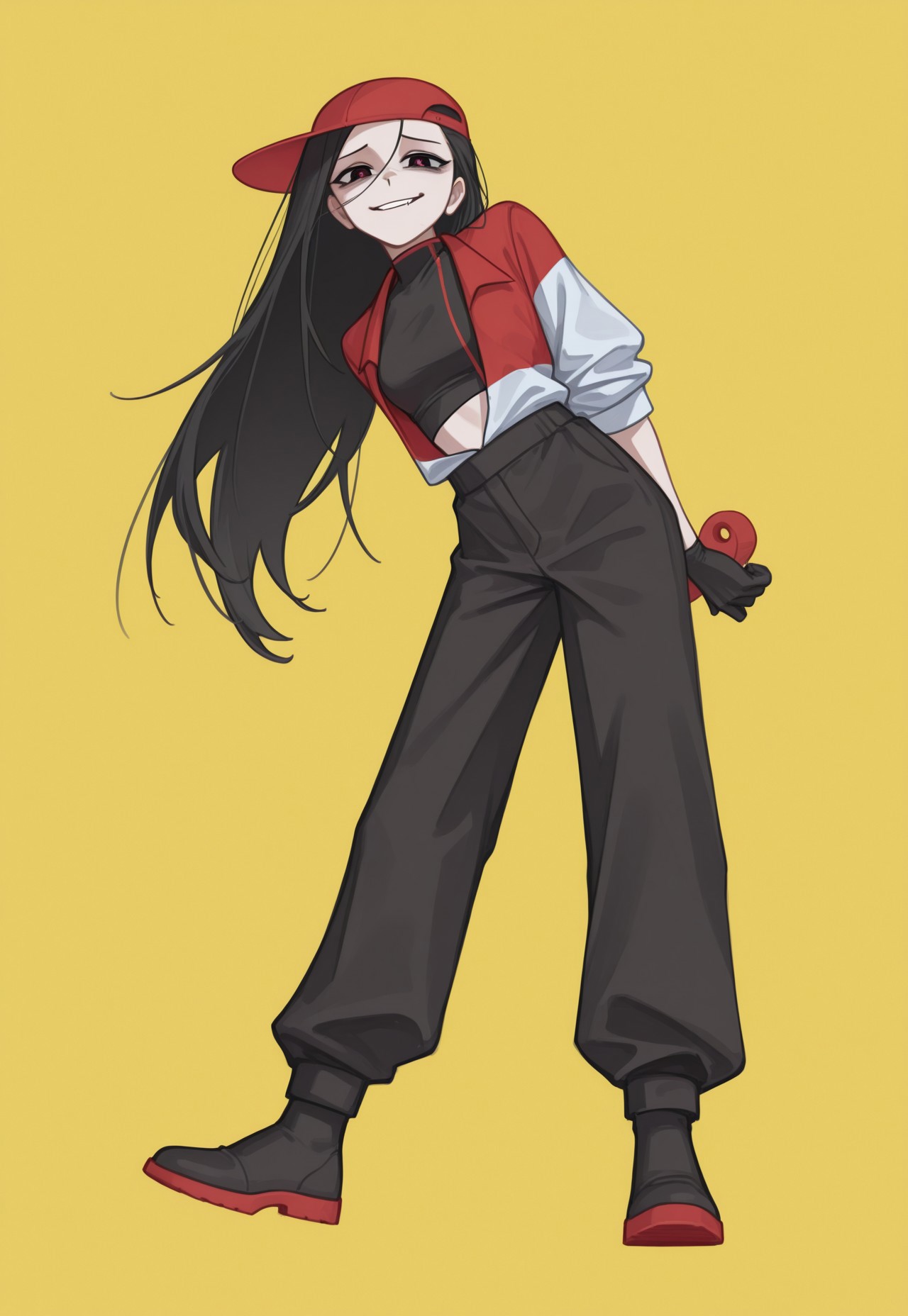 anime, masterpiece, best quality, detailed background, 8k, 1girl, solo, YiXi, black hair, long hair, black eyes, red pupils, baseball cap, red cap, sideways cap, black crop-top, jacket, red and white jacket, black gloves, black pants, black shoes, parted lips, smirk, yellow background, full body, eerie, turning to viewer, staring at viewer, hands behind back, leaning right,